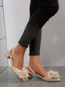 女士米色休闲碎花弹力套脚粗跟穆勒鞋 - 米色 - 查看 4