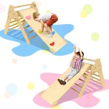 3-In-1 Indoor Climbing Structure With Bars, Wooden Climbing Frame Set For Toddlers, Children's Pikler Triangle, Slide And Climbing Structures For Babies, Indoor Play Equipment - 橘色 - 查看 4