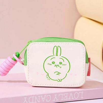 Miniso 千川系列兔兔皮革耳机收纳包（绿色）：优质PU皮革材质，顺滑拉链，便携式粉色编织挂绳，适合收纳耳机/充电线/小配件，实用小巧主题收纳袋（1个）