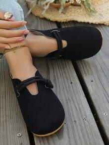 Women's Linen Rope Decor Slip-On Mules, Solid Color Casual Loafers Flat Round Toe Backless Shoes, Spring/Autumn - Black - View 5