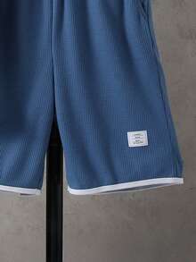 2pcs/Set Teens Summer Short Sleeve T-Shirt And Shorts, Waffle Texture Fabric With Contrast Trim, Casual Comfortable Outfit For Daily Wear And Light Social Occasions - Blue - View 7