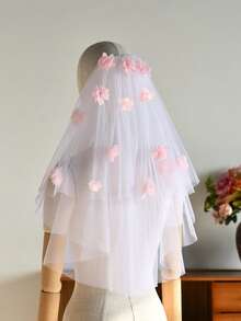 浪漫粉色花卉新娘头纱，求婚头纱