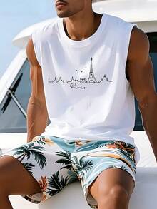 1pc Men's Summer City Print Round Neck Casual Tank Top - White - View 2