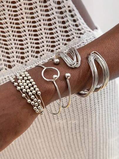 4pcs Minimalist Punk Style Metal Geometric Beaded Bracelet Set, Unisex Suitable For Sisters, Couples, Casual, Party, Wedding, Birthday Gift For Girlfriend, Mom