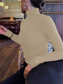 女士简约复古硬币图案优雅休闲高领长袖针织打底衫，秋季款 - 杏色 - 查看 3