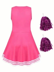 3件套啦啦队表演服套装（连衣裙、啦啦球、袜子），足球宝贝体操紧身连衣裙，时尚可爱夜店女士服装 - 玫瑰紅 - 查看 2