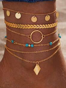 1 Set Gold Multi-Layer Pendant Anklet, Boho Style Chic Jewelry, Suitable For Beach, Party, Daily Wear (OPP Bag Packaging)