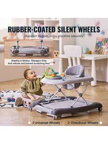 4-In-1 Baby Walker, Foldable Baby Activity Center With Wheels, Adjustable Height, Light, Steering Wheel, Learning-Seated, Walk-Behind, Toy Car, Rocker Toddler Walker For Boys Girls 6-24 Month - 灰色 - 查看 3