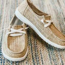 Women's Canvas Lace-Up Front Loafers, Casual Round Toe Slip On Flats, Breathable Soft Sole Walking Shoes, Low Top Lace-Up Casual Flats For Daily - K-1 - 查看 5