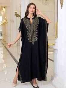 Black Embroidered Dress Thobe For Women House Dress Kaftan - Black - View 6