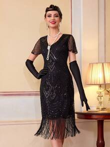 1920s Flapper Dress, Vintage Fringe Sequin Cocktail Dress With Accessories Set - Black - View 9