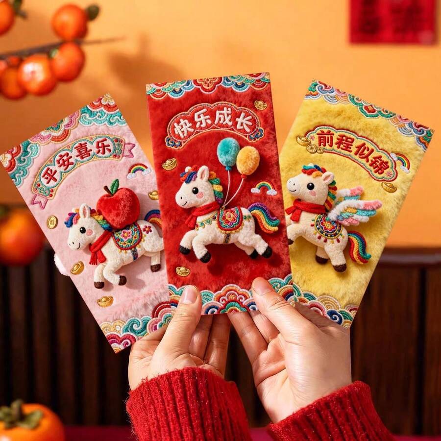 6Pcs 2026 Horse Year 3D Embroidered Red Envelopes Personalized Chinese New Year Lucky Money Packets Spring Festival Holiday Celebration Gifts - 彩色 - 查看 1