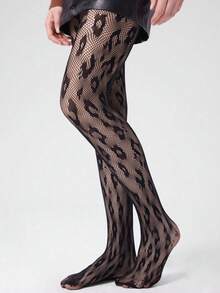 1 Pair Plus Size Women's Fashionable Sexy Leopard Print Fishnet Tights, Opaque Leopard Print Leggings, Suitable For Pairing With Skirts And Shorts For Parties And Formal Events - Black - View 3