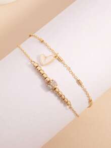 1pc Double Layer Heart Crystal Anklet, Fashionable & Minimalist Jewelry For Women