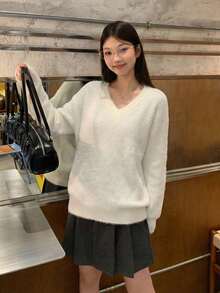Women's Solid Color Fluffy Loose Soft Knit Sweater, Autumn/Winter - White - View 3