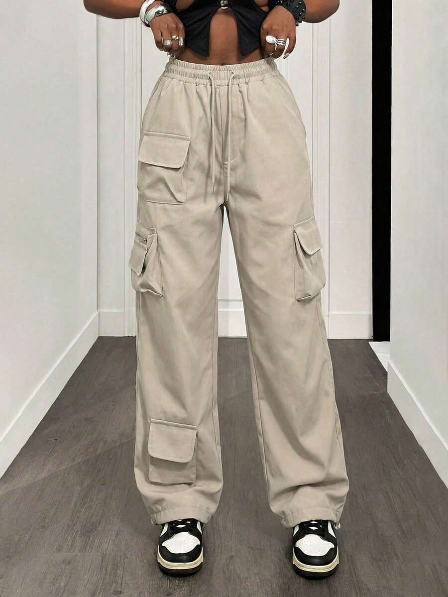 Date Night Outfit, Gifts For Her, Women's Casual Beige Cargo Pants With Elastic Drawstring Waist And Multi-Pocket Design For Streetwear, Daily Wear - 灰色 - 查看 1