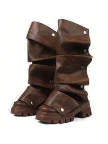 Women Mid Calf Boots Platform Heels Ruch Boots Knee High Fold Over Chunky Heel Short Booties Round Toe Wide Calf Pull-On Shark Boots Daily Party Y2K Dress Boots For Woman - Nâu A - Xem 7