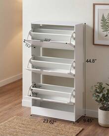 Shoe Cabinet With 3 Flip Drawers, Slim Wooden Shoe Storage Organizer For Entryway, Hallway & Living Room, Space-Saving Hidden Shoe Rack With Adjustable Shelves, Modern Entryway Furniture - 白色 - 查看 3