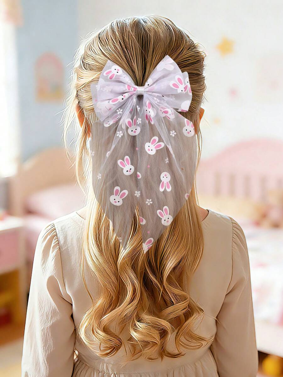 1个心形红色蝴蝶结发夹，毛绒鳄鱼夹蝴蝶结发夹，甜美儿童发饰，送给好朋友的派对礼物 - 兔子蝴蝶結髮夾 - 查看 1