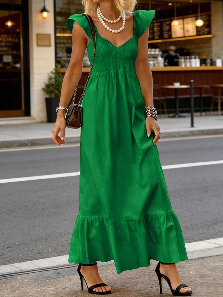 Đầm nữ mùa xuân/hè, đầm dài tay ngắn màu đỏ trơn kiểu dáng thường ngày, đầm dài tay lửng thanh lịch. - Fresh Green - Xem 1