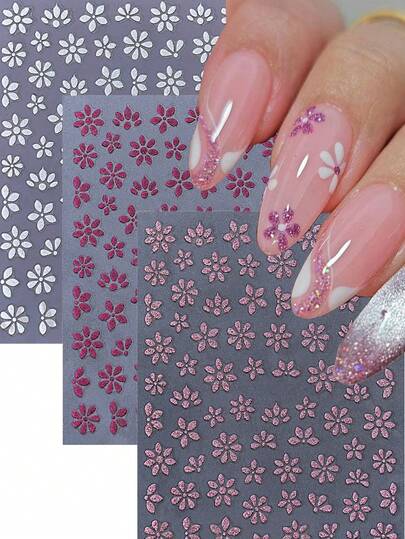 1pc 3D Simple Glitter Flower Nail Art Stickers, 3D Valentine's Day Self Adhesive White Pink Rose Floral Decals Nail Art Decoration Spring Designs Manicure Accessories For Women Girls DIY