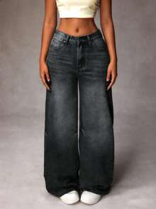 Women's Casual Denim Jeans (Couple Style - Wide Leg Pants), Spring Fashion Denim Pants Suitable For All Seasons, Oversized Charcoal Gray, High Waist, Full Length, Casual Outdoor Pants, Multi-Functional Daily Wear, Valentine's Day Essential Women's Fashion Jeans Single Item Gift, Suitable For Family Leisure, Slimming For Teenagers To Adults, Minimalist Design, Durable Jeans - 深灰*升級旗艦款 - 查看 1