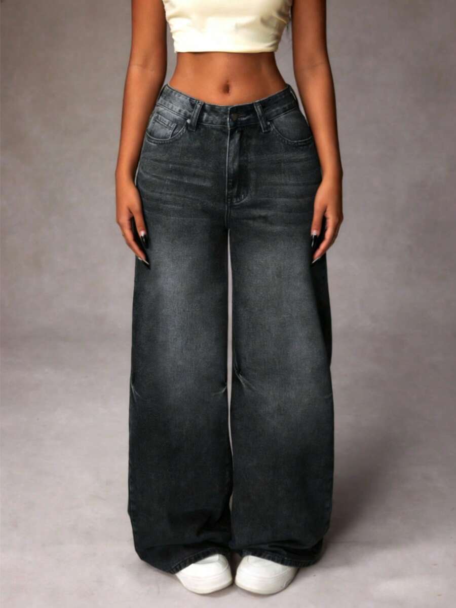 Women's Casual Denim Jeans (Couple Style - Wide Leg Pants), Spring Fashion Denim Pants Suitable For All Seasons, Oversized Charcoal Gray, High Waist, Full Length, Casual Outdoor Pants, Multi-Functional Daily Wear, Valentine's Day Essential Women's Fashion Jeans Single Item Gift, Suitable For Family Leisure, Slimming For Teenagers To Adults, Minimalist Design, Durable Jeans - 深灰*升級旗艦款 - 查看 1