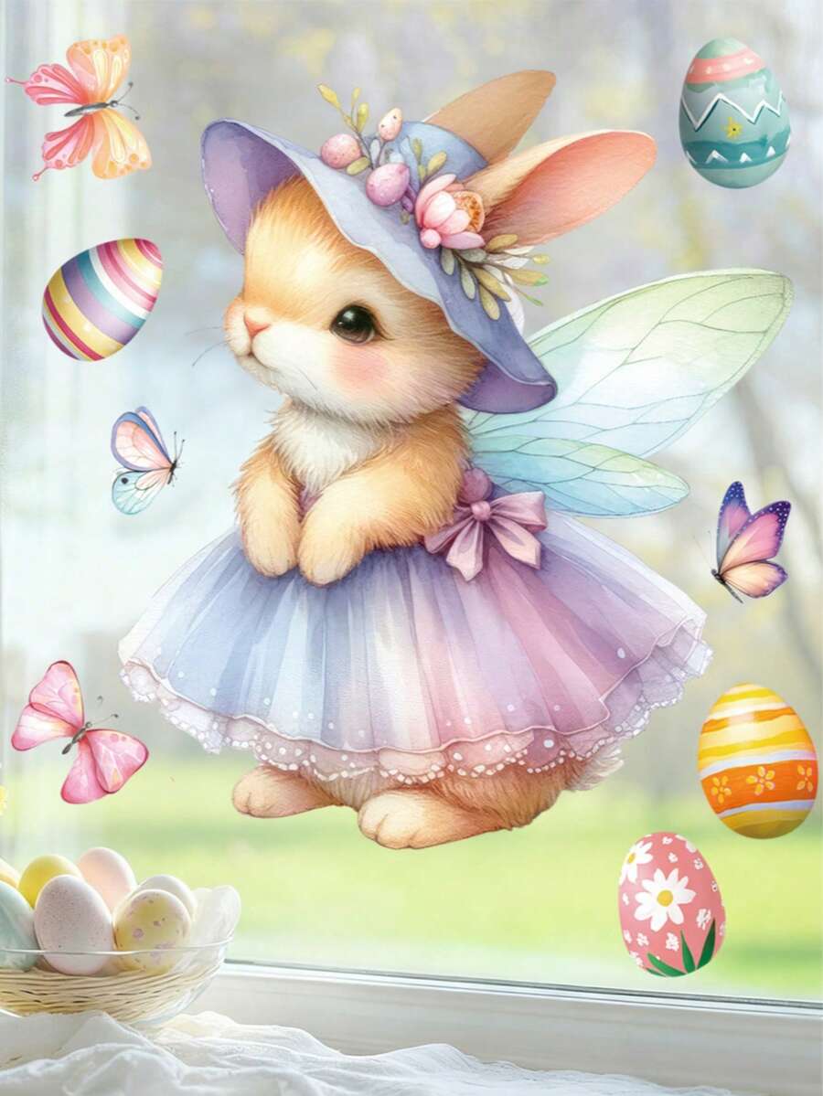 2pcs Easter Wall Stickers, Cute Cartoon Rabbit Stickers, Girls Room Decor,Living Room Glass Window Decorations - Multicolor - View 1