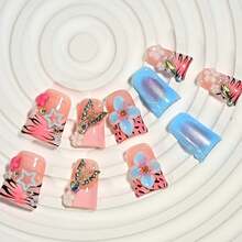 Handmade Y2K Short Duck Press On Nails, Pink, Blue Base, Floral, Rhinestone Accents, Cute Outings Summer Easter - 寶藍色 - 查看 8