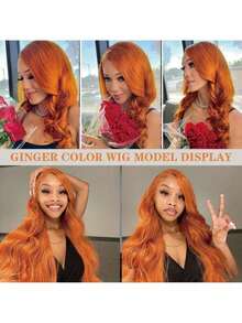 YGQWD 34 Inch Ginger Orange Body Wave 13X4 Lace Front Wigs Pre Plucked 200% Density Soft And Thick #350 Colored Lace Frontal Wig Human Hair Blended Hair For Women High Quality Wig Matches All Skin Tones Natural Looking Halloween Accessories Valentine's Day Gifts For Women - S350 - 查看 7