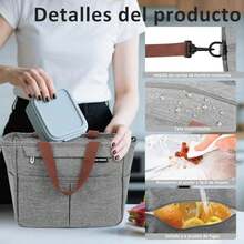 FUWEN Gran Capacidad Bolsa del Almuerzo, Bolsas Térmicas para Hombres y Mujeres Reutilizable, con Correa, Tenedor, Cuchara, Cristales Hielo, Forro a Prueba de Fugas, para Picnic, Trabajo, Camping - Gris - Ver 5
