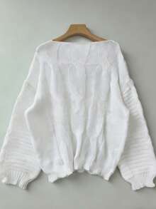 Elegant, Pure, Sweet, Minimalist Casual Plus Size Knitted Pullover Sweater, European Style Long Sleeve Solid Color Crew Neck Cable Knit Plus Size Women Sweater - White - View 5