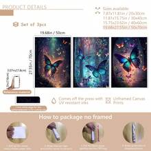 Set de 3 piezas de arte de pared de lienzo con mariposas, diseño de mariposas de bosque soñador, decoración de pared, patrón de mariposas, decoración moderna para el hogar, adecuado para decoración del hogar, decoración de habitación, decoración de dormitorio, decoración de sala de estar, decoración de baño, decoración de pared, arte de pared opcional con marco. - Multicolor - Ver 15