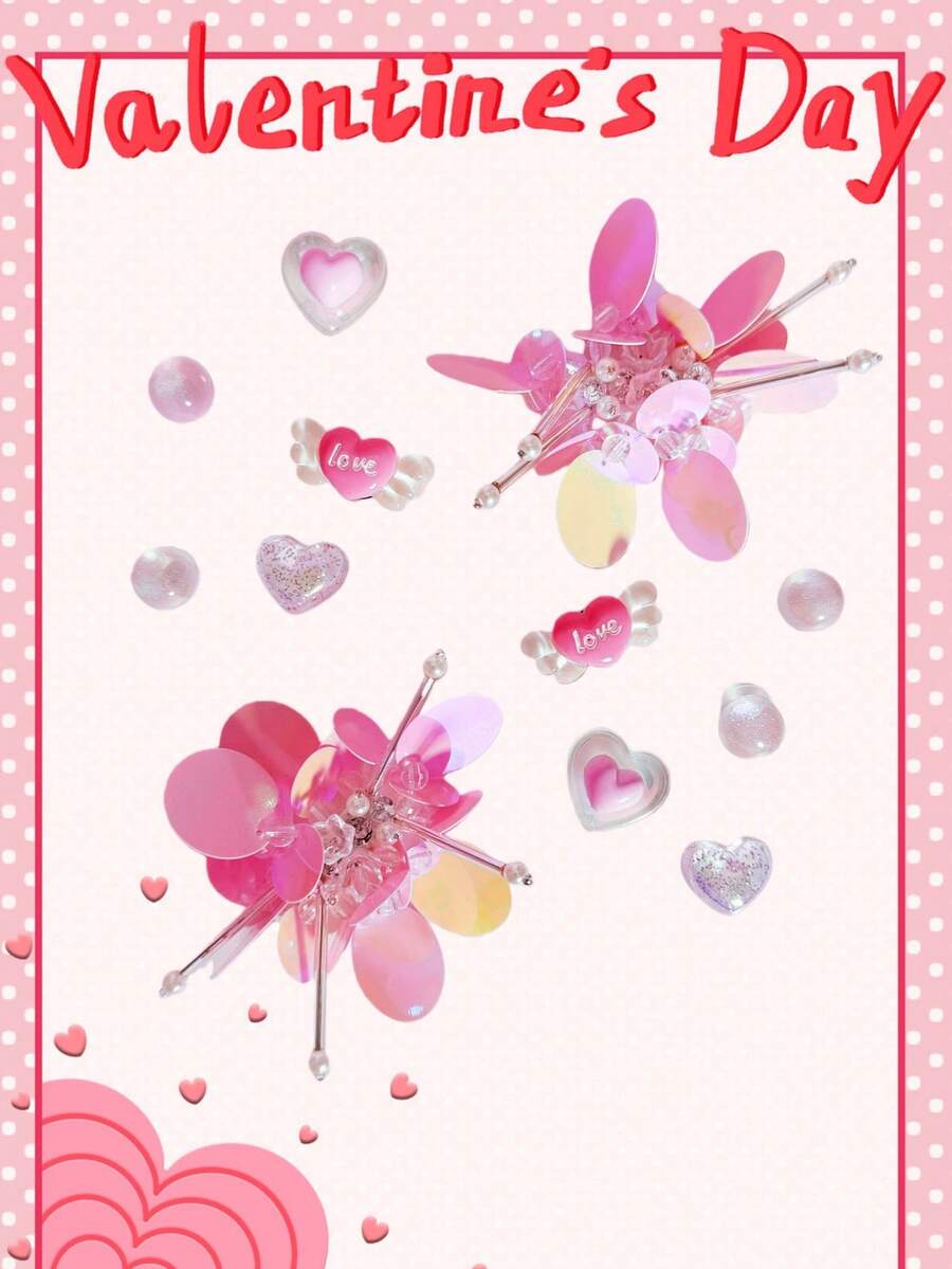 12pcs Valentine's Day Cute Pink Resin Heart Sequin Hollow Shoe Decorations DIY Accessories - Fun, Versatile Personalized Shoe Embellishments, Perfect Gifts For Holiday Parties And Special Occasions - Pink - View 1