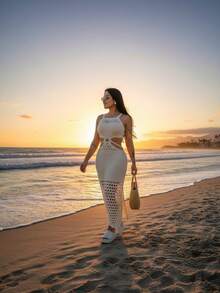 New Women's Maxi Dress In Modal Knit, Lined, With Side Slits And Thin Straps - Ideal For All Types Of Parties And Other Occasions. - Màu be - Xem 4