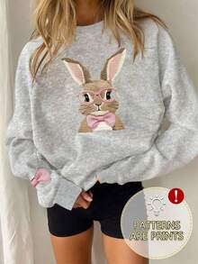 可爱兔子图案圆领卫衣 - 甜美柔软可爱风格，小众设计上衣，大码针织卫衣，圆领长袖，罗纹针织细节，冬季内衬，女士卫衣，套头衫，大码卫衣，大码女装，秋冬季，舒适宽松版型，大码秋冬装，日常穿着 - 淺灰色 - 查看 10