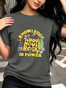大码女款 Daily Schoolhouse Rock “知识就是力量”标语复古卡通人物圆领短袖休闲春夏秋季T恤 情人节/返校季