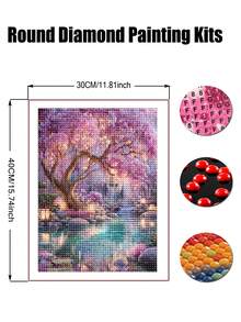 粉色花樹風景鑽石畫套裝，5D全鑽，成人DIY鑽石畫組，寶石藝術鑽石畫，適合初學者成人牆面裝飾 - 彩色 - 查看 3