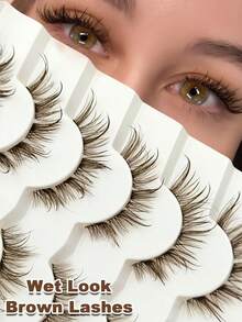 6 Pairs Eid Wet Look Brown Lashes Clear Band Eyelashes Volume Reusable False Lashes Extensions Dramatic Look Vacation Beach Curly Wispy Fake Lashes Bachelor Party Luxury Makeup Tools - 眼尾拉長款 - 查看 1