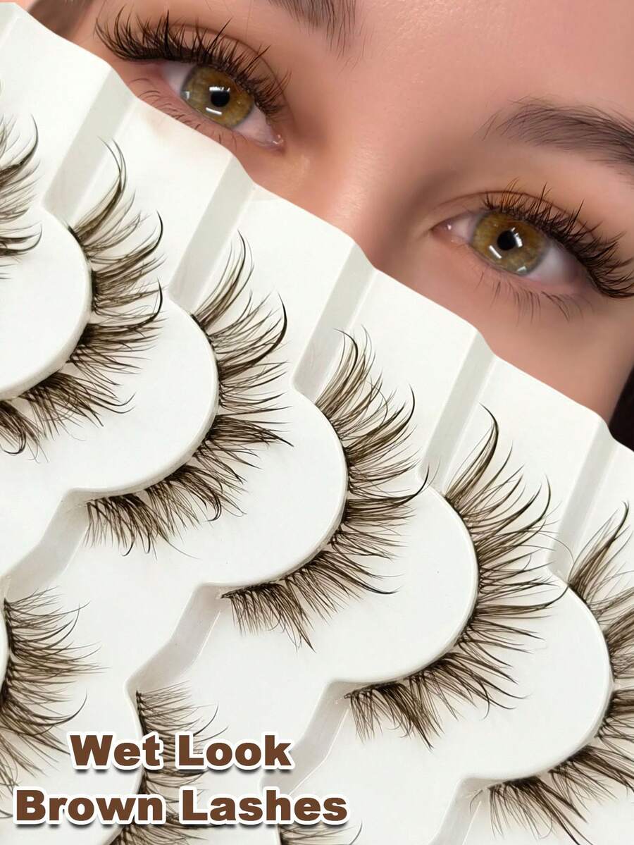 6 Pairs Eid Wet Look Brown Lashes Clear Band Eyelashes Volume Reusable False Lashes Extensions Dramatic Look Vacation Beach Curly Wispy Fake Lashes Bachelor Party Luxury Makeup Tools - 眼尾拉長款 - 查看 1