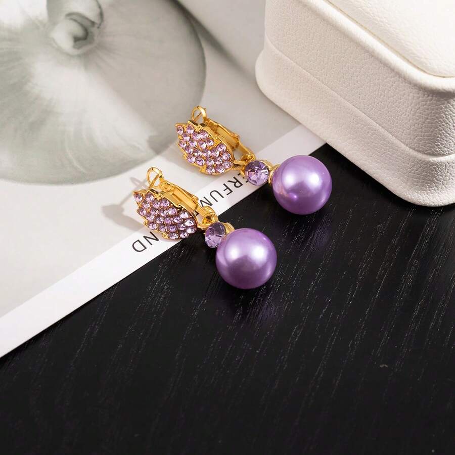 1对时尚奢华紫色珍珠水钻叶子设计女士耳环，优雅百搭 - 彩色 - 查看 1