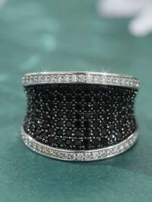 女士奢华宽版承诺戒指，时尚拉丝立方氧化锆闪亮结婚戒指，银色时尚首饰 - 黑色 - 查看 5