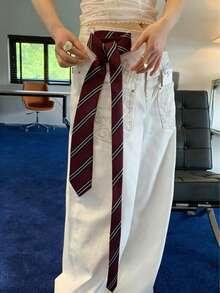 1pc Bright Red Handmade Necktie, Women's Fashion Headband, JK Uniform Tie, Striped Long Skinny Design, Suitable For Casual, Weekend Outing, Date, Campus, Street Photography And Other Occasions, Fashionable Multifunctional Accessory, Can Also Be Used As Sailor Uniform Accessory Or Christmas Decoration - Wine Red - View 8