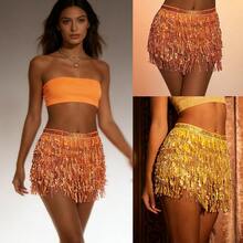 肚皮舞流苏腰链波西米亚风臀巾新款亮片腰带，闪亮迷你裙，肚皮舞嘻哈裙，流苏臀巾，适合假日肚皮舞臀巾，亮片流苏裹裙，适合女士闪亮服装、舞蹈服装、沙滩音乐节嘉年华派对闪亮连衣裙！ - 彩色 - 查看 1