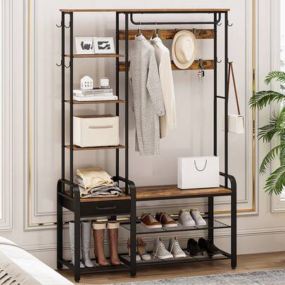 Hzuaneri Coat Rack With Shoe Bench, Wardrobe With Shoe Bench, 1 Drawer, Clothes Rack With 17 Hooks, 1 Hanging Rail, 4-Tier Side Frame, 120 X 40 X 182 Cm