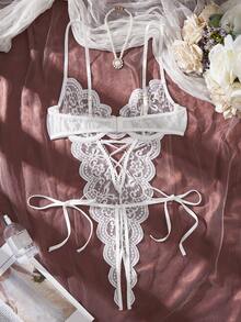 Đồ lót cô dâu màu trắng dành cho nữ, bộ jumpsuit gợi cảm xuyên thấu phối ren khoét lỗ. - trắng - Xem 7