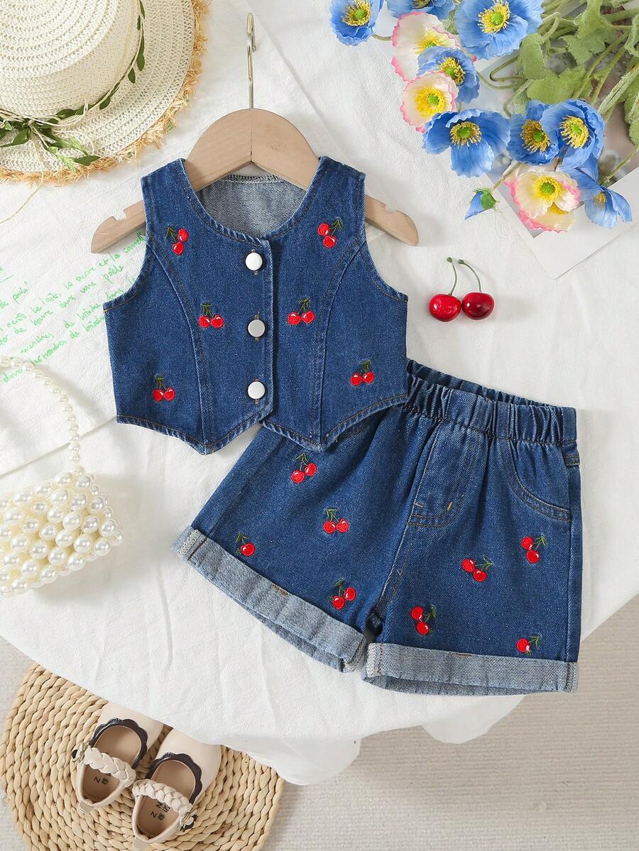 2pcs/Set Cute & Sweet Cherry Embroidery Denim Baby Girl Fashion Outfit - Dark Wash - View 1
