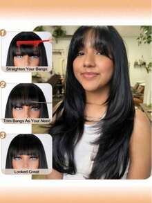 MECRY Elegant Black Synthetic Wig With Bangs - Medium Straight, Heat-Resistant, Natural Look For Cosplay & Daily Wear, 150% Density, Adjustable Cap - Natural & Black - View 7