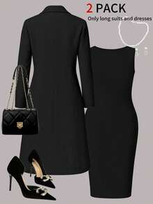 Women's Spring/Summer New Elegant 2-Piece Set: Solid Color Long Sleeve Cardigan Jacket + Sleeveless Midi Dress, Versatile - Black - View 4