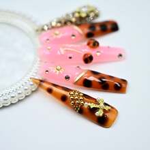 Luxury Handmade Long Stiletto Press On Nails, Pink, Tortoise Shell Base, Gold Accents, Reusable Concert Style Summer Easter - Hồng - Xem 8